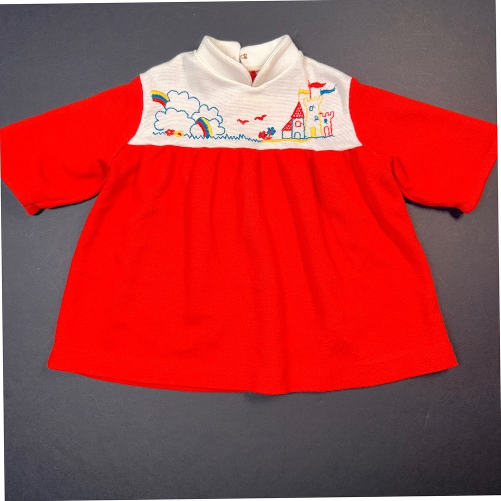 Vintage Red White‎ Knit Baby Dress Castle Rainbow Embroidery Mock Neck 12M